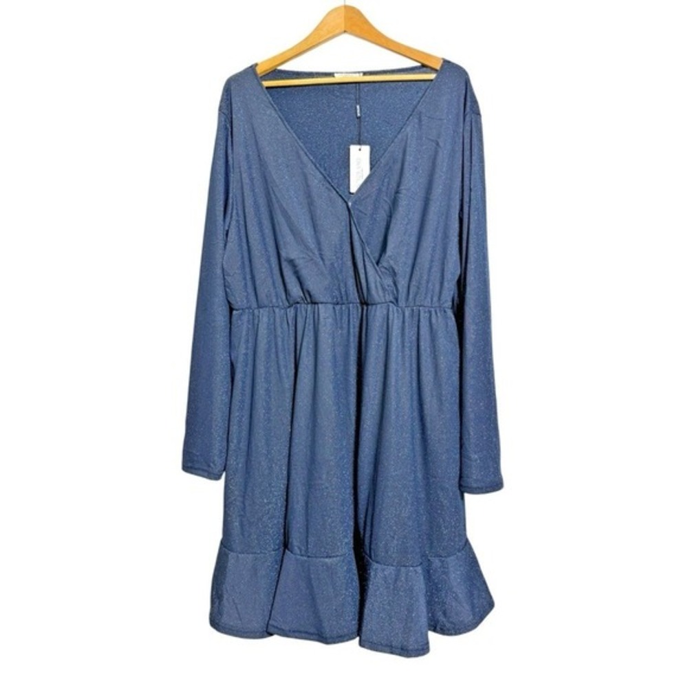NEW IN'VOLAND Dress‎ Women 22W Skater Blue Metallic Sparkle Ruffle Wrap V-Neck